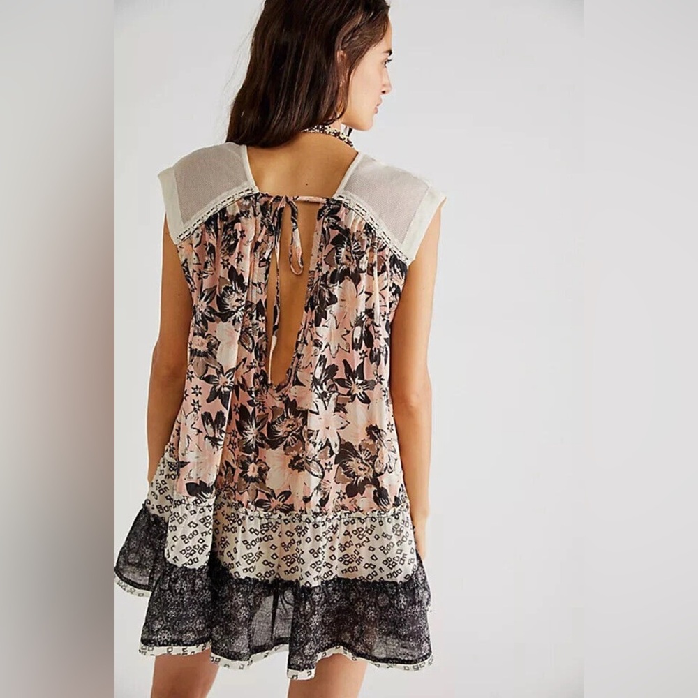 Free People Angelica Printed Tunic Mesh Ruffle Sleeveless Cutout Top